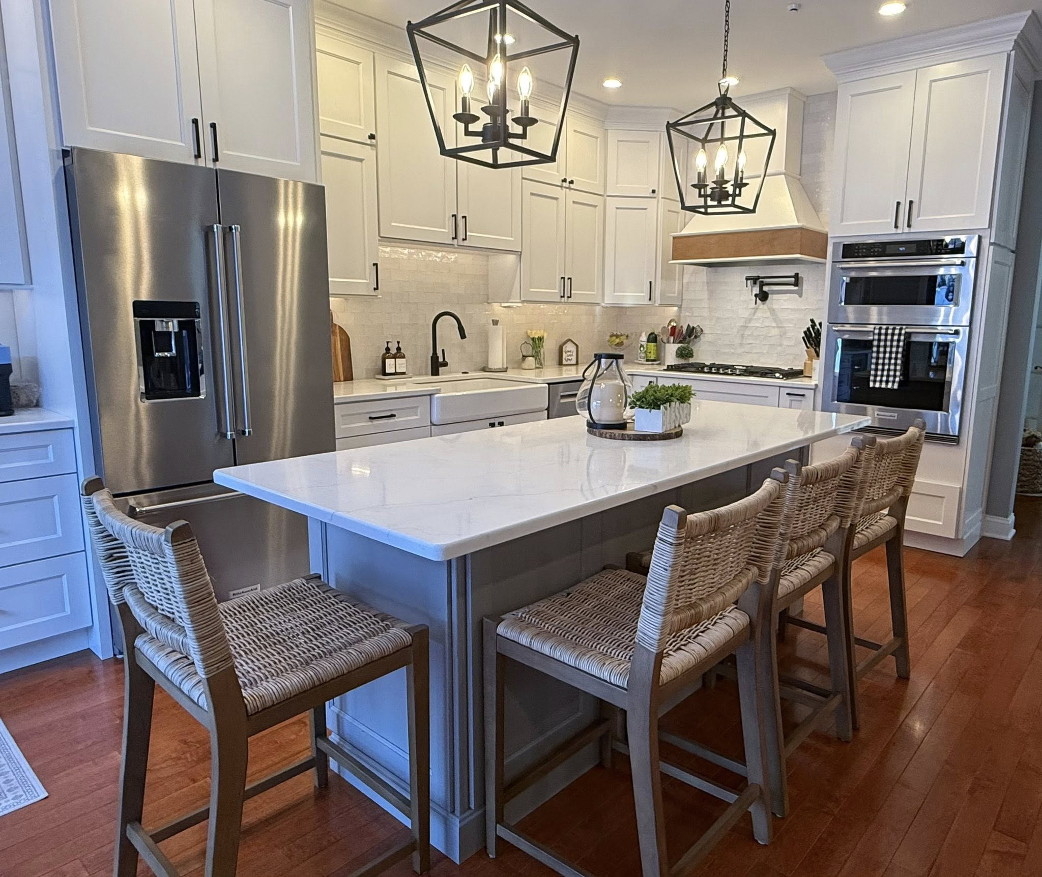 Exterior of a beautiful, custom-built modern farmhouse.